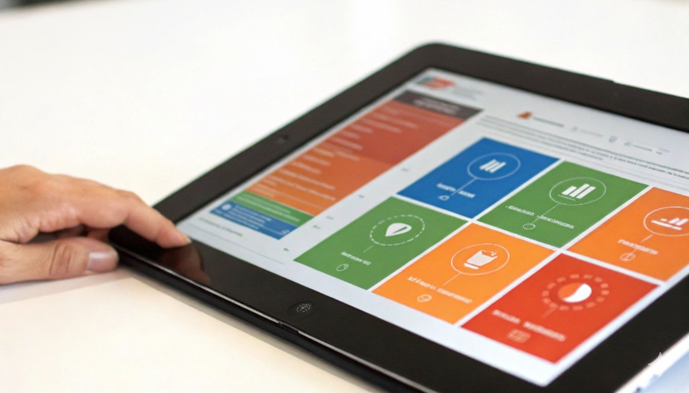 Main d'une personne touchant une tablette affichant un tableau de bord coloré avec des données et des graphiques.