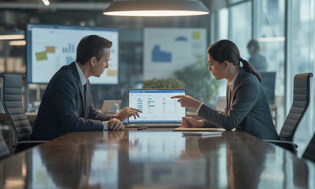 Deux professionnels en costumes discutent de données sur un ordinateur portable dans un bureau moderne.