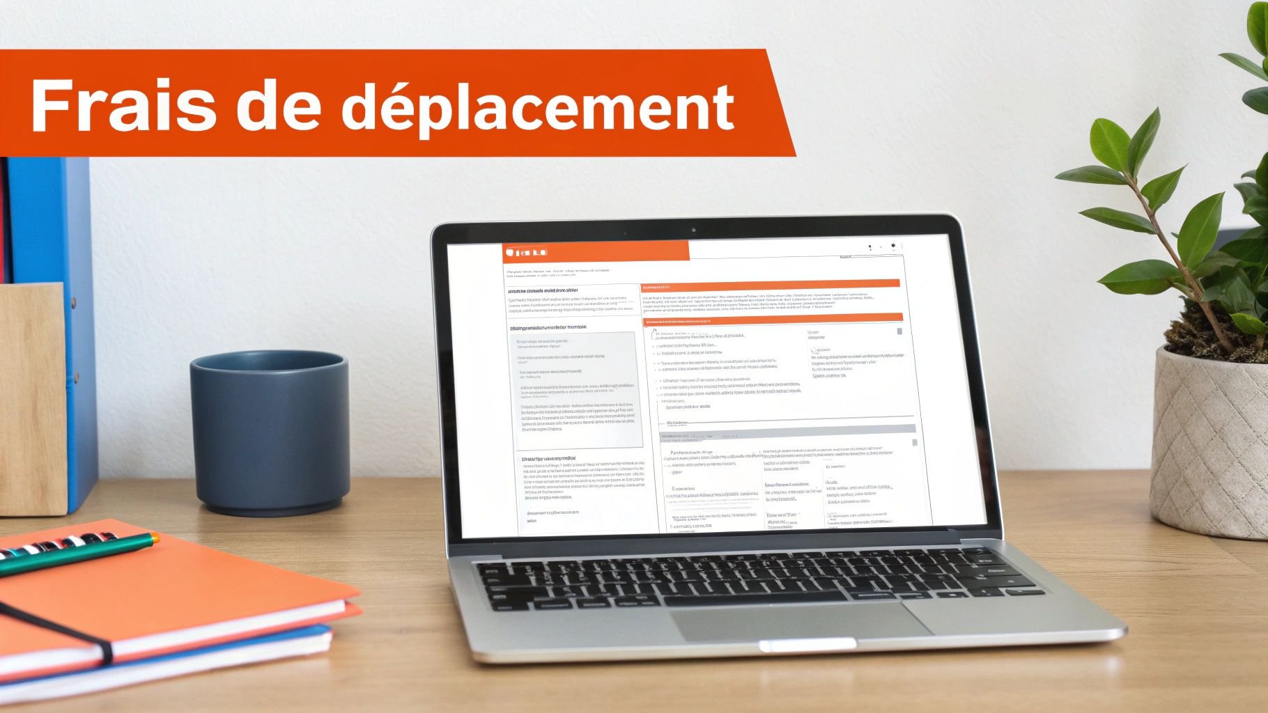 Un ordinateur portable ouvert sur un bureau en bois, affichant une page web sur les frais de déplacement, avec un titre orange.