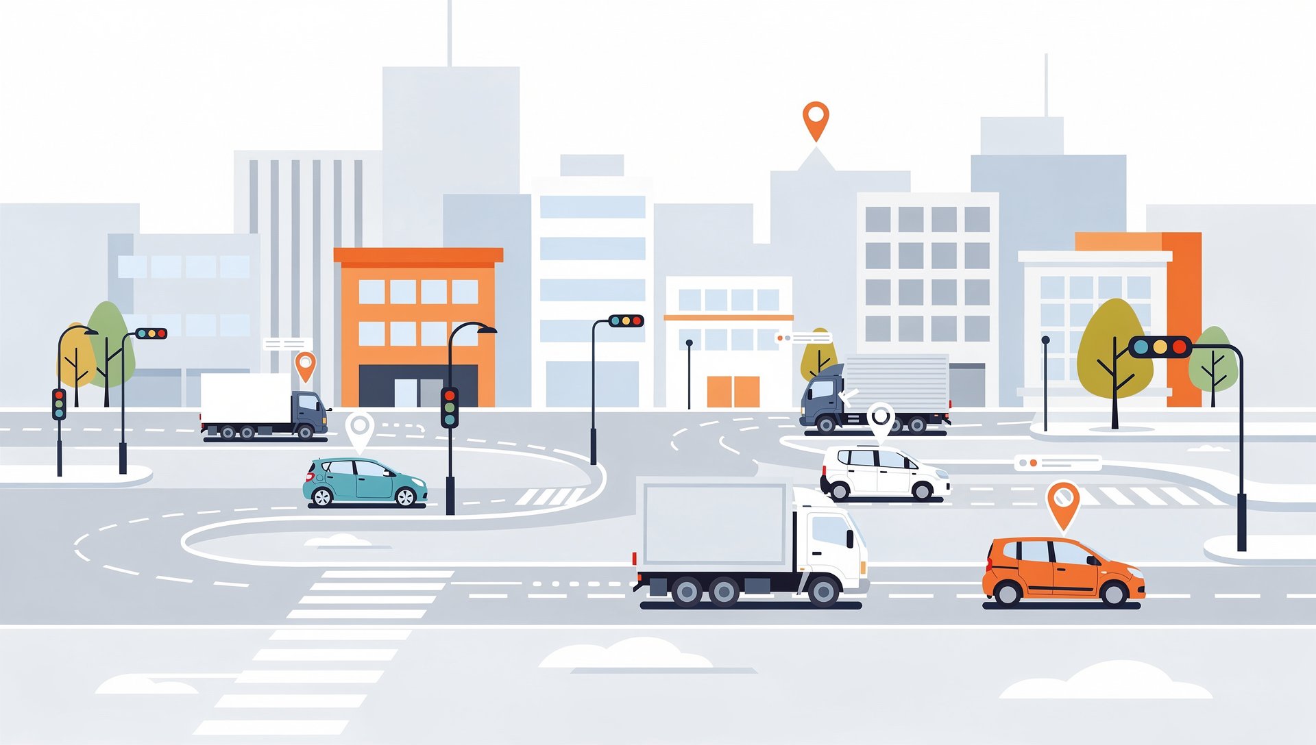 Illustration vectorielle d'une ville animée avec des voitures, des camions et des feux de circulation.