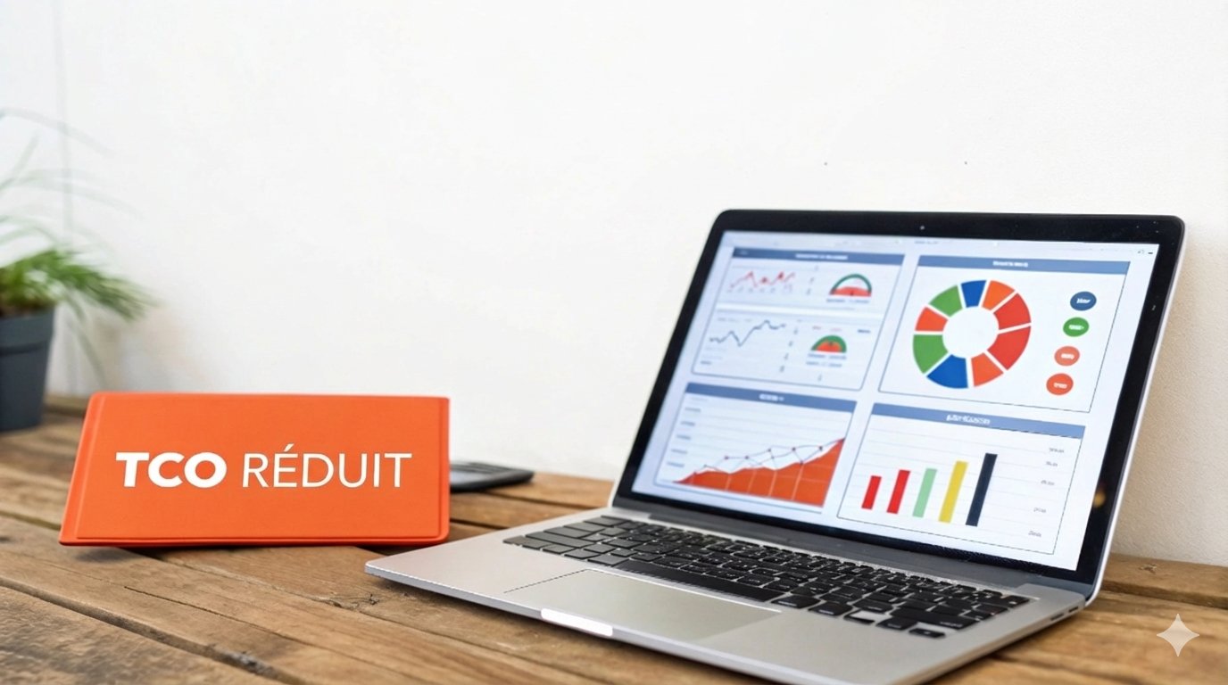 Un ordinateur portable affiche des tableaux de bord et graphiques de données à côté d'une pancarte orange « TCO RÉDUIT ».