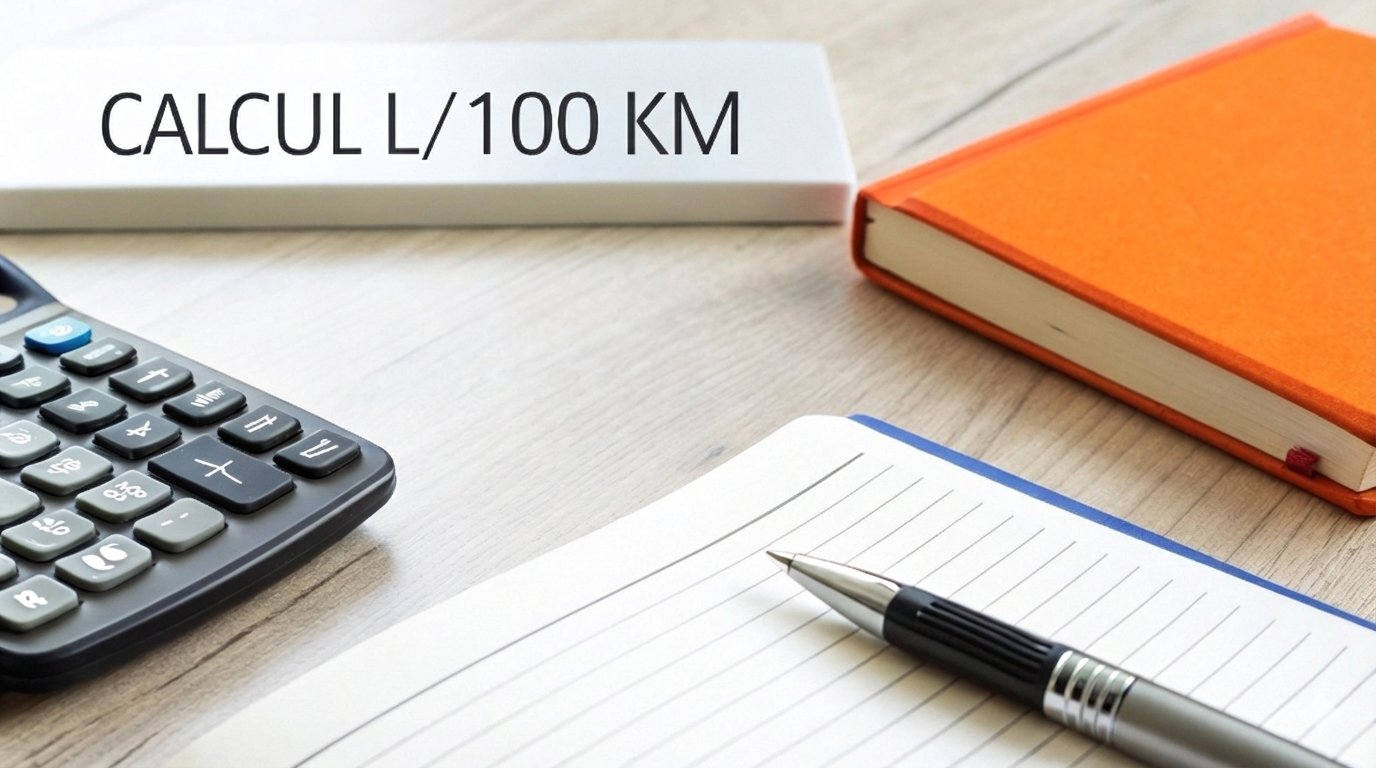 Matériel de bureau pour le calcul de la consommation de carburant, incluant calculatrice, carnet et panneau.