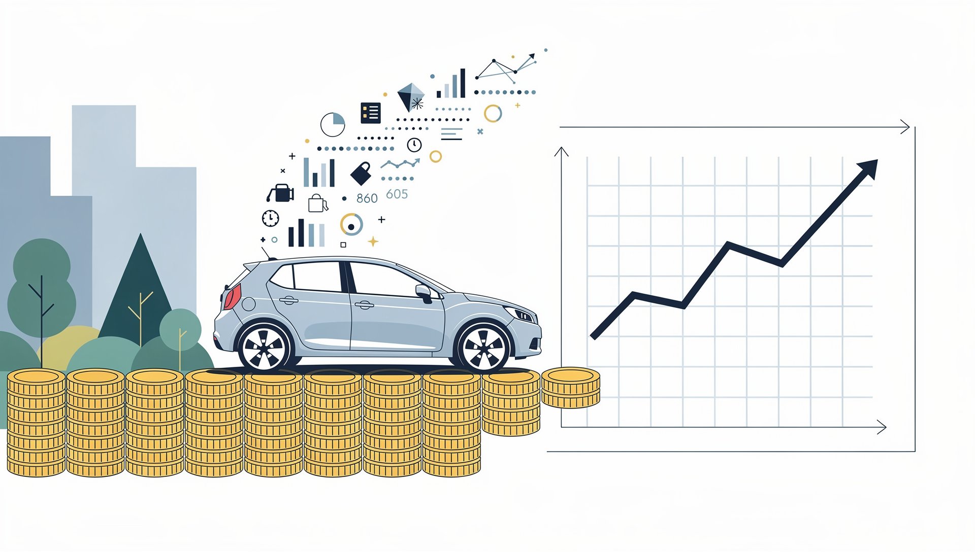 Voiture sur piles de pièces, avec graphiques de données et un graphique de croissance financière.