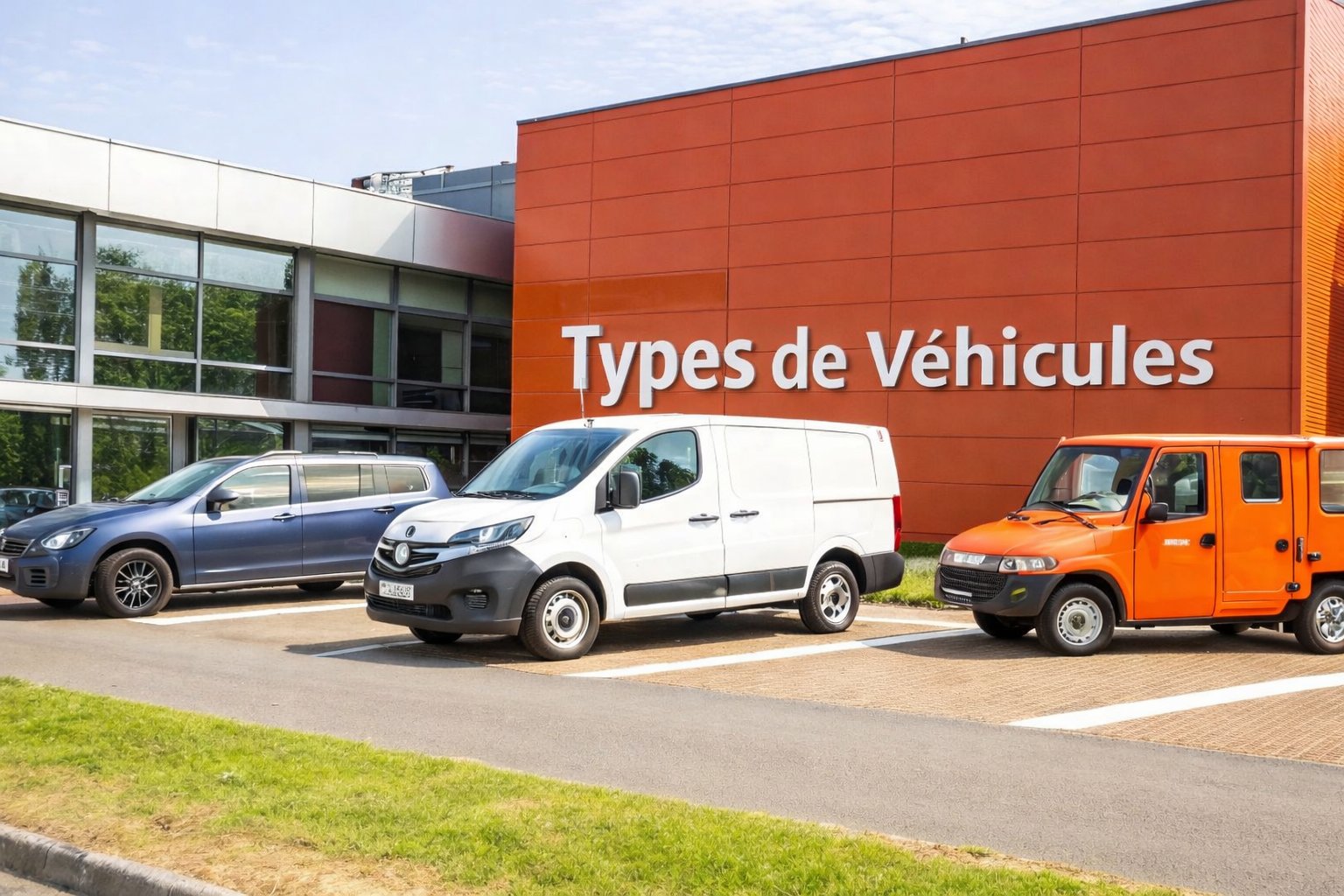 Trois véhicules différents (une voiture, une fourgonnette et un petit camion) garés devant un bâtiment affichant 'Types de Véhicules'.