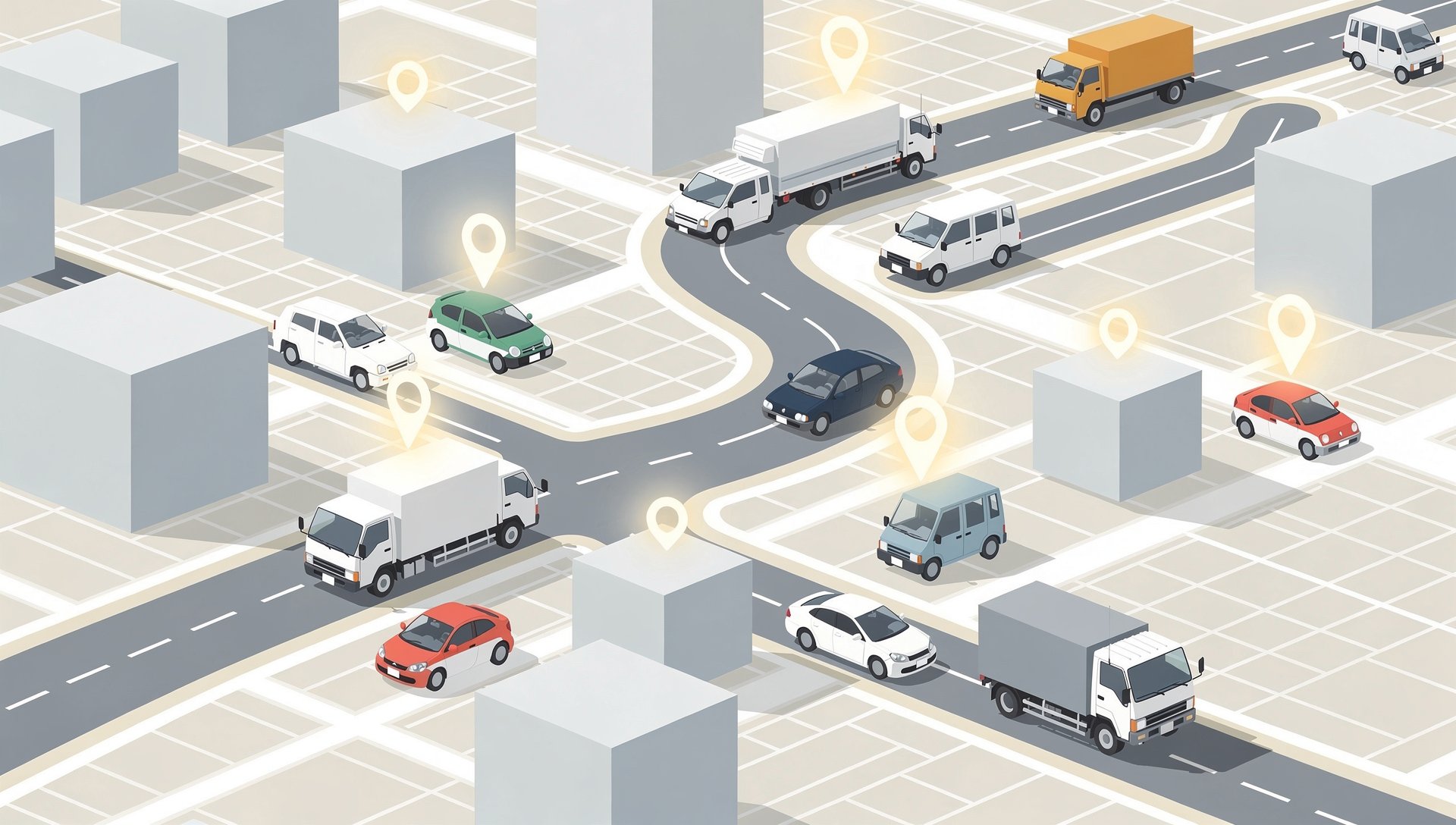 Vue isométrique d'une carte de ville avec des véhicules et des repères de géolocalisation lumineux.