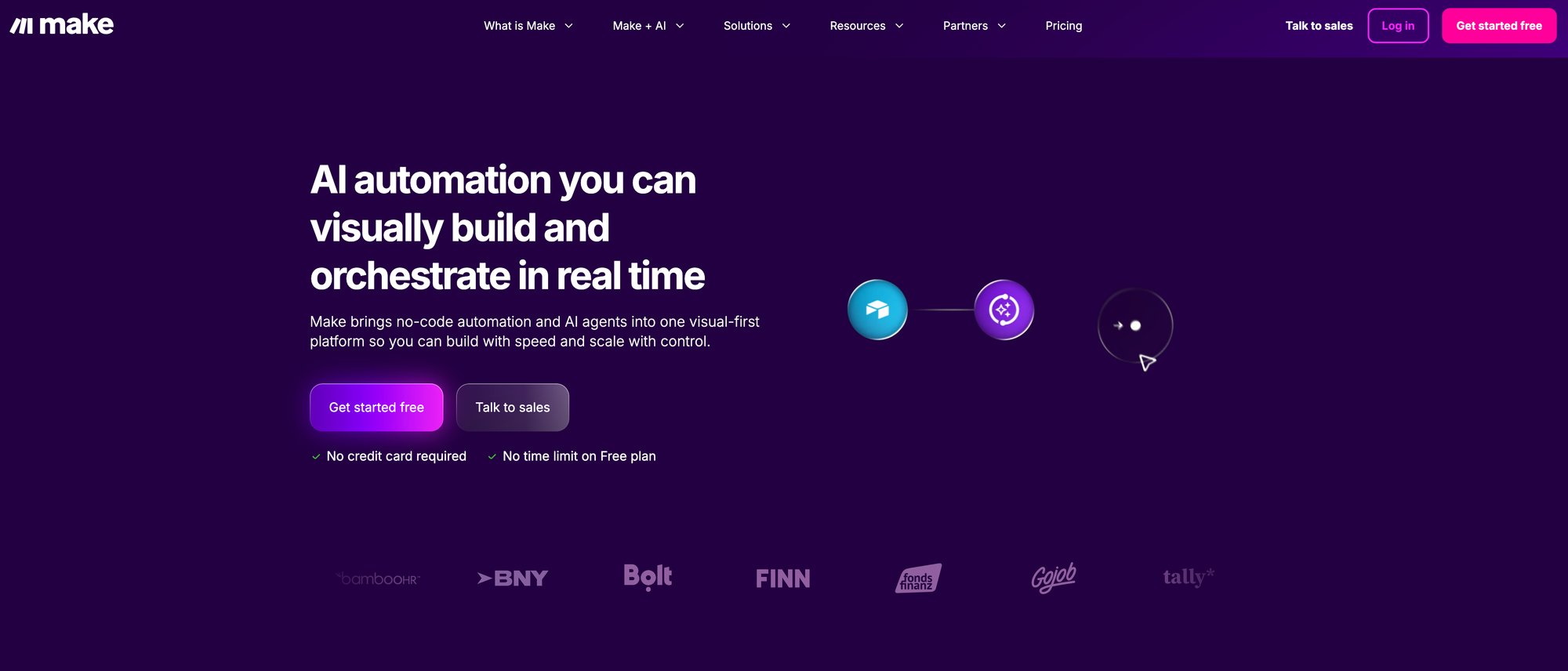 Make.com's homepage highlighting AI automation, visual orchestration, free trial options, and partner company logos.