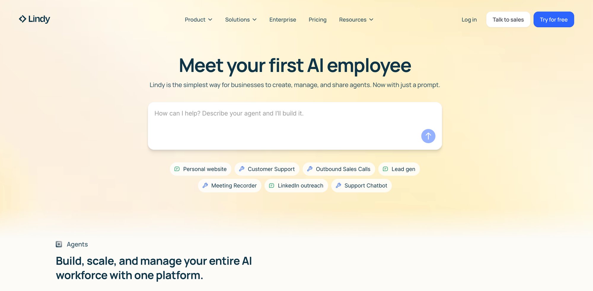 Lindy AI homepage introducing 'your first AI employee' with a prompt input field and agent suggestions.