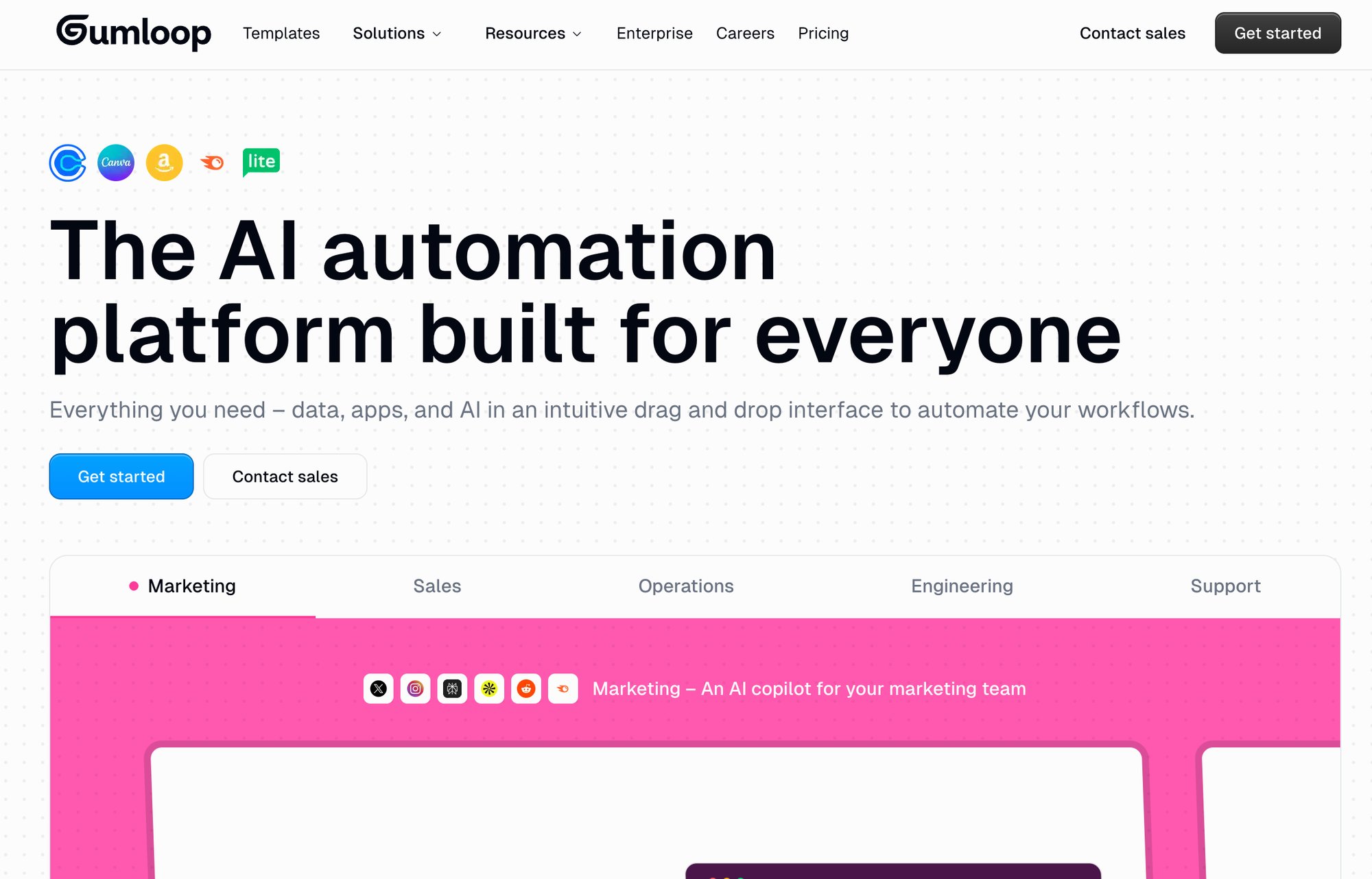 Gumloop website homepage showcasing an AI automation platform, integrations, navigation links, and call-to-action buttons.