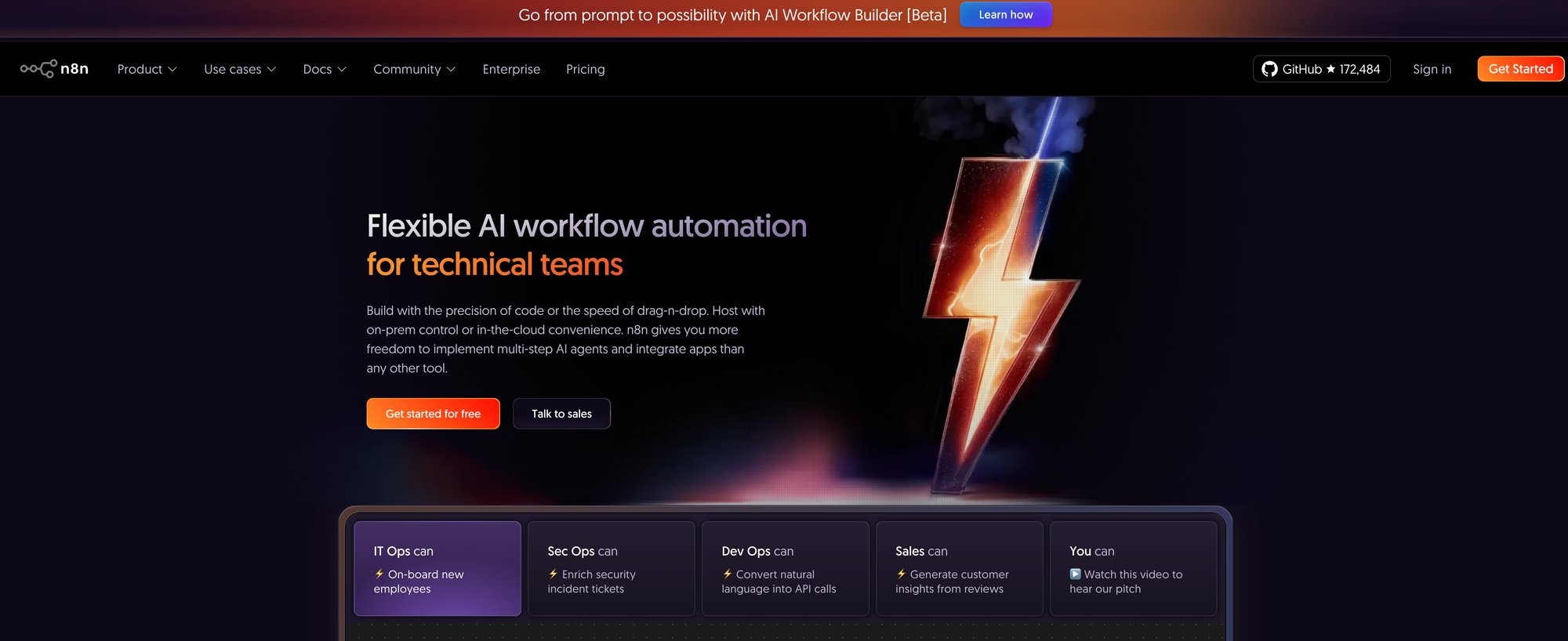 A dark-themed n8n website showcasing AI workflow automation for technical teams with a lightning bolt graphic.