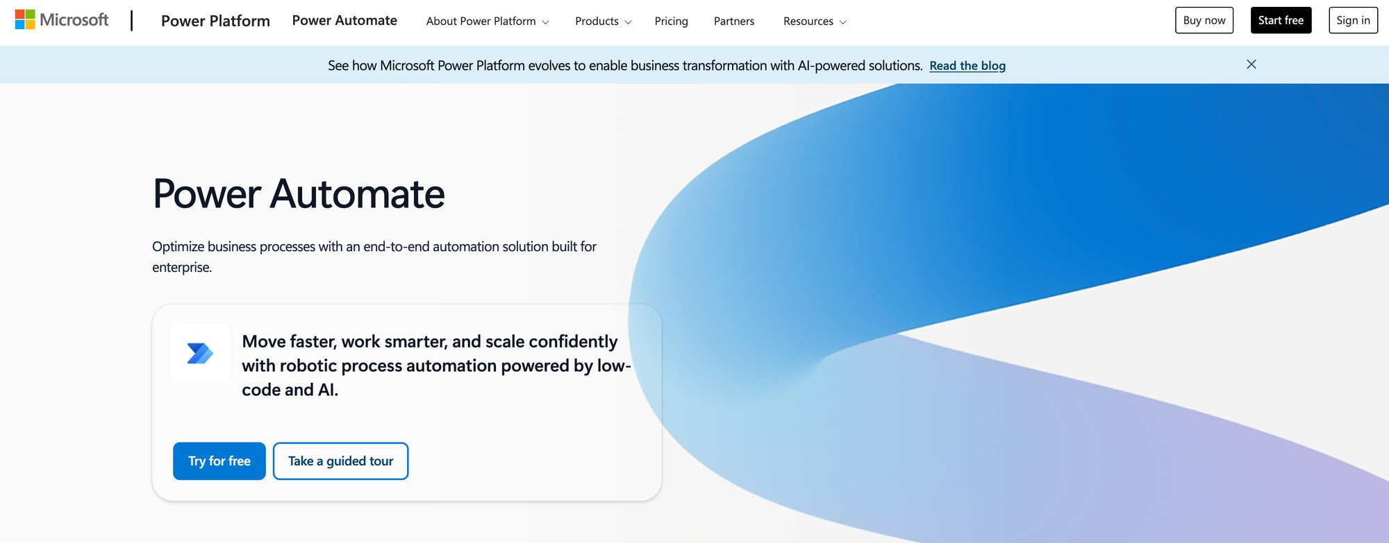 Microsoft Power Automate homepage promoting AI-powered robotic process automation with 'Try for free' and 'Take a guided tour' buttons.