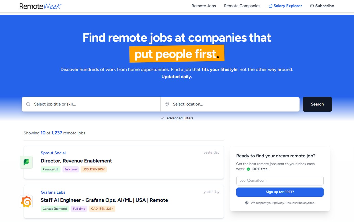 Screenshot of the RemoteWeek job board showing remote job listings and a search interface.