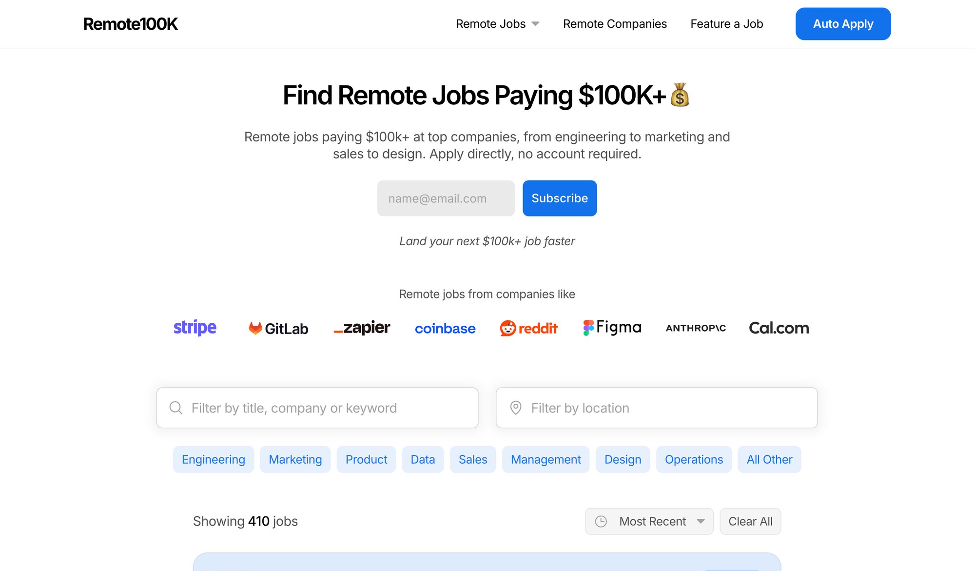 A website for finding remote jobs paying over $100K, featuring search filters and company logos.