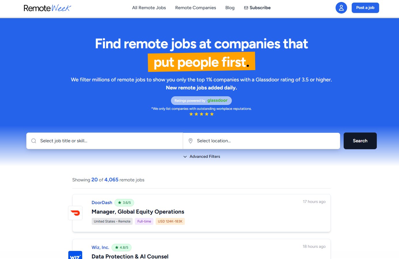 A RemoteWeek webpage displaying a remote job search interface, company ratings, and job listings.