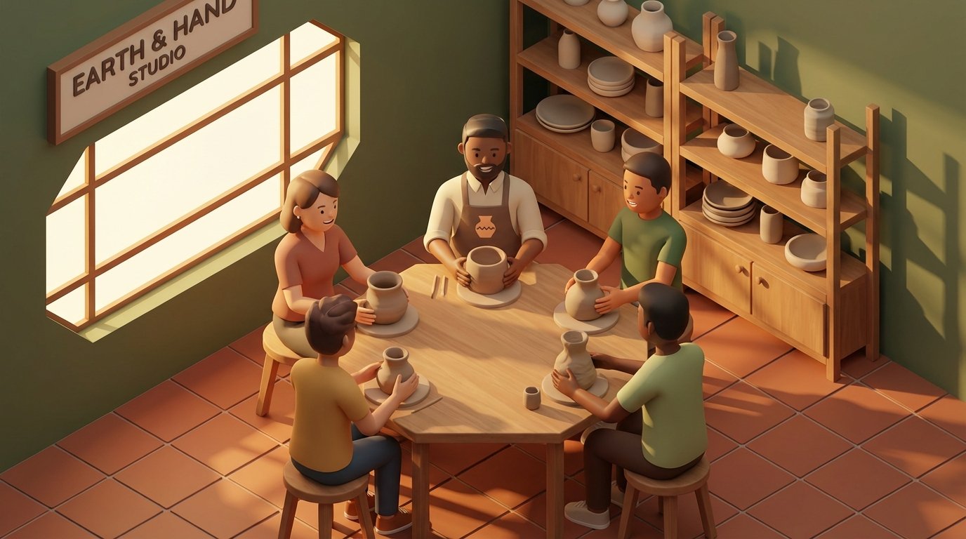 Five diverse people, including an instructor, learn pottery around a table in a bright studio.