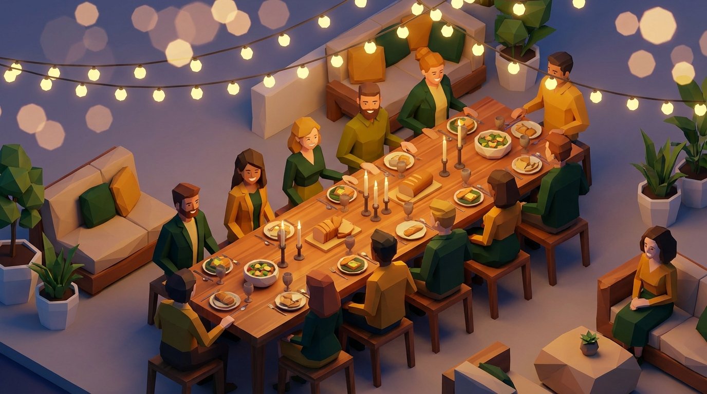 Low-poly art of people having an outdoor dinner party on a rooftop with string lights.