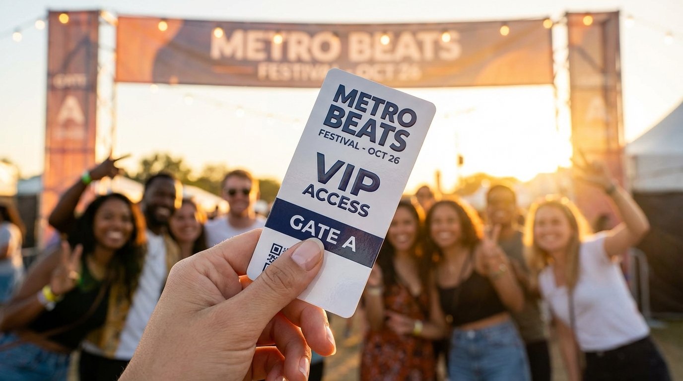 A hand holds a Metro Beats Festival VIP pass with smiling people and a festival banner in the background.