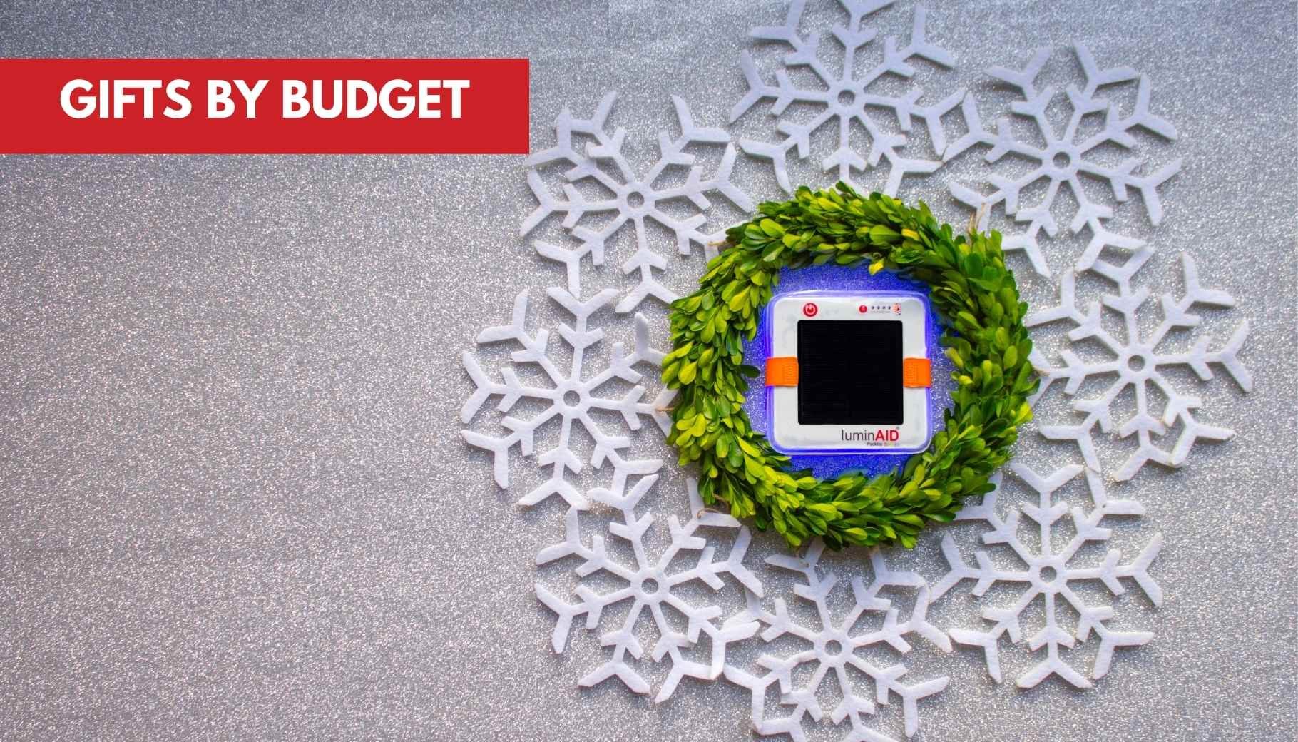 A LuminAID solar-powered lantern inside a green wreath, surrounded by white snowflakes on a sparkly background, with a red 'Gifts by Budget' banner.