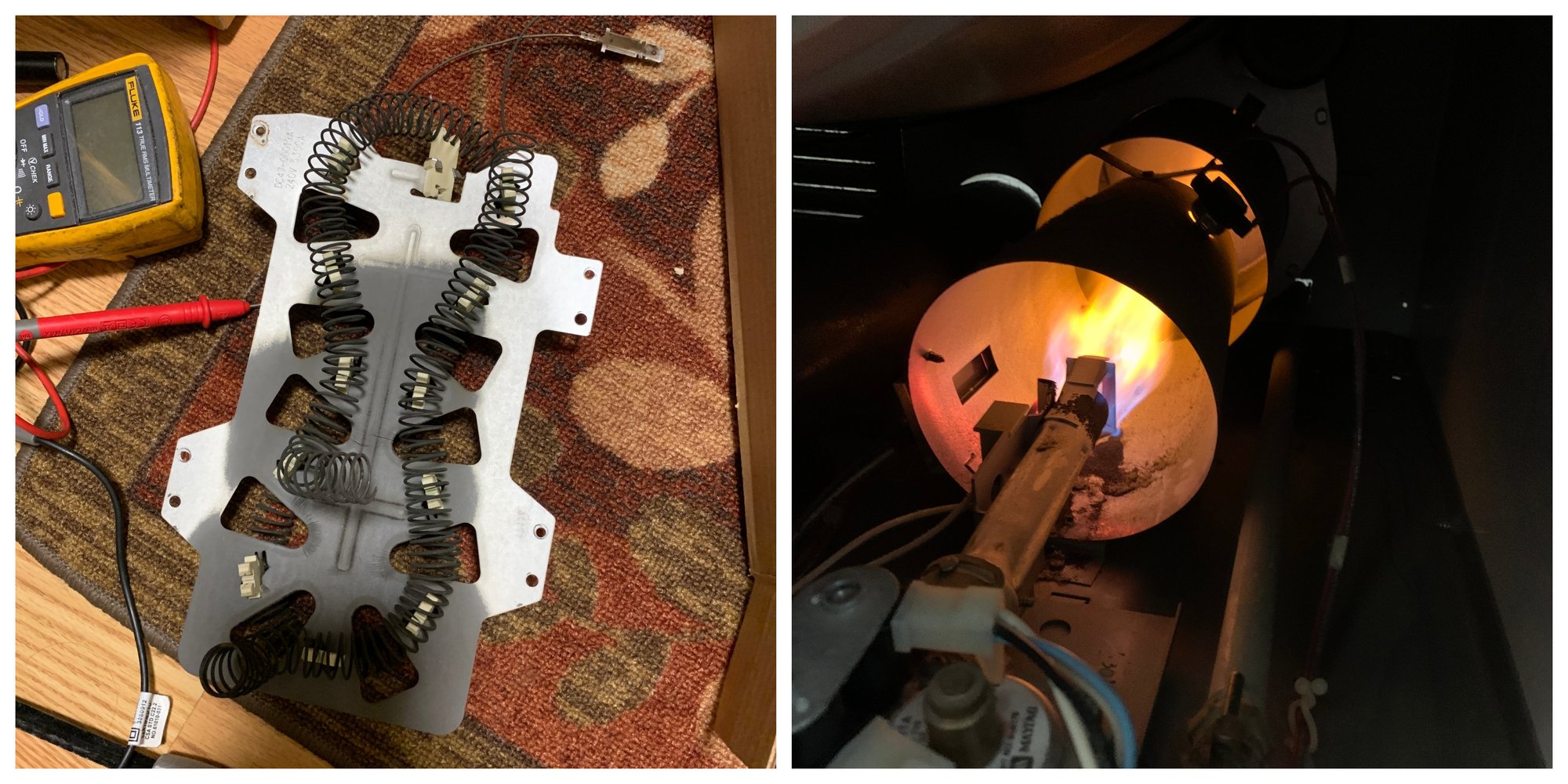 An electric dryer heating element with a multimeter and a gas dryer burner with flame.