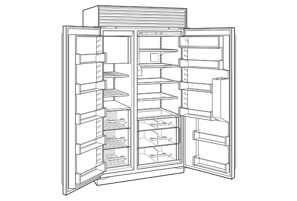An empty Subzero Diagram side-by-side refrigerator with both doors open, revealing multiple shelves and drawers.