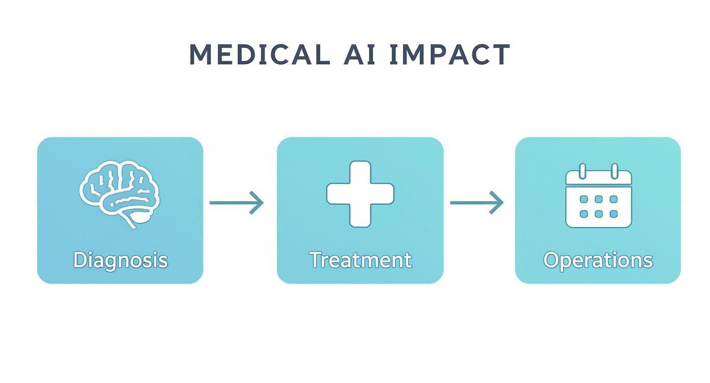 Diagram illustrating the impact of medical AI on diagnosis, treatment, and operations workflow.