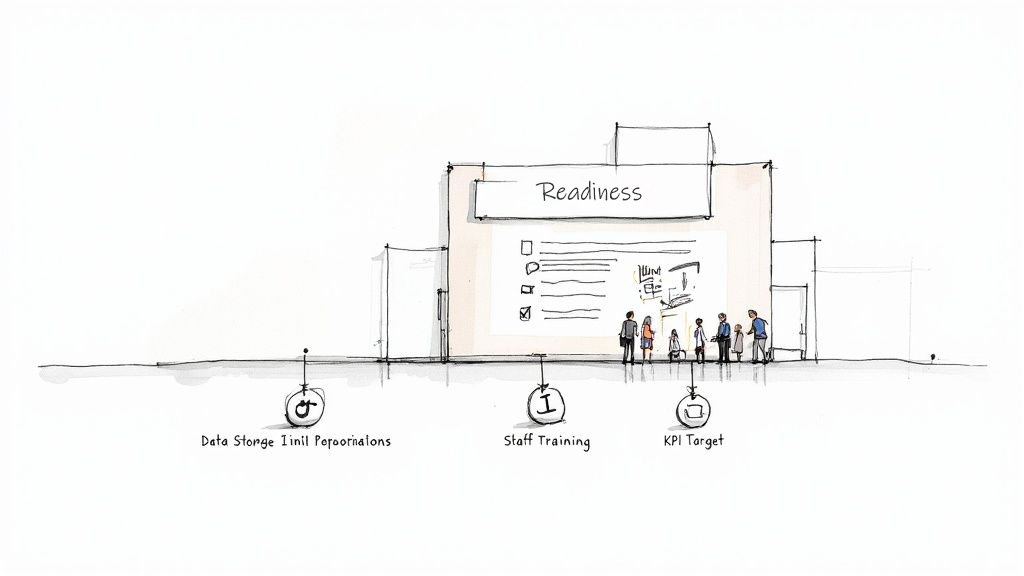 A hand-drawn sketch depicting a 'Readiness' building with a checklist, people, and labels for Data Storage, Staff Training, and KPI Target.