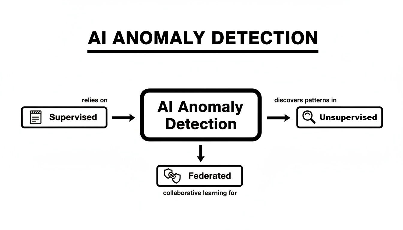 Diagram illustrating AI Anomaly Detection, showing connections to supervised, unsupervised, and federated learning.
