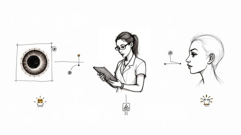 Three panels illustrate eye scanning, a doctor analyzing data on a tablet, and a patient's face for diagnosis.