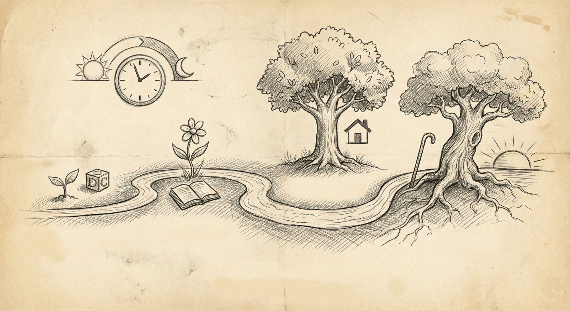 Symboliczna ilustracja przedstawiająca drzewa, zegar, drogę i słońce reprezentujące upływ czasu i rozwój