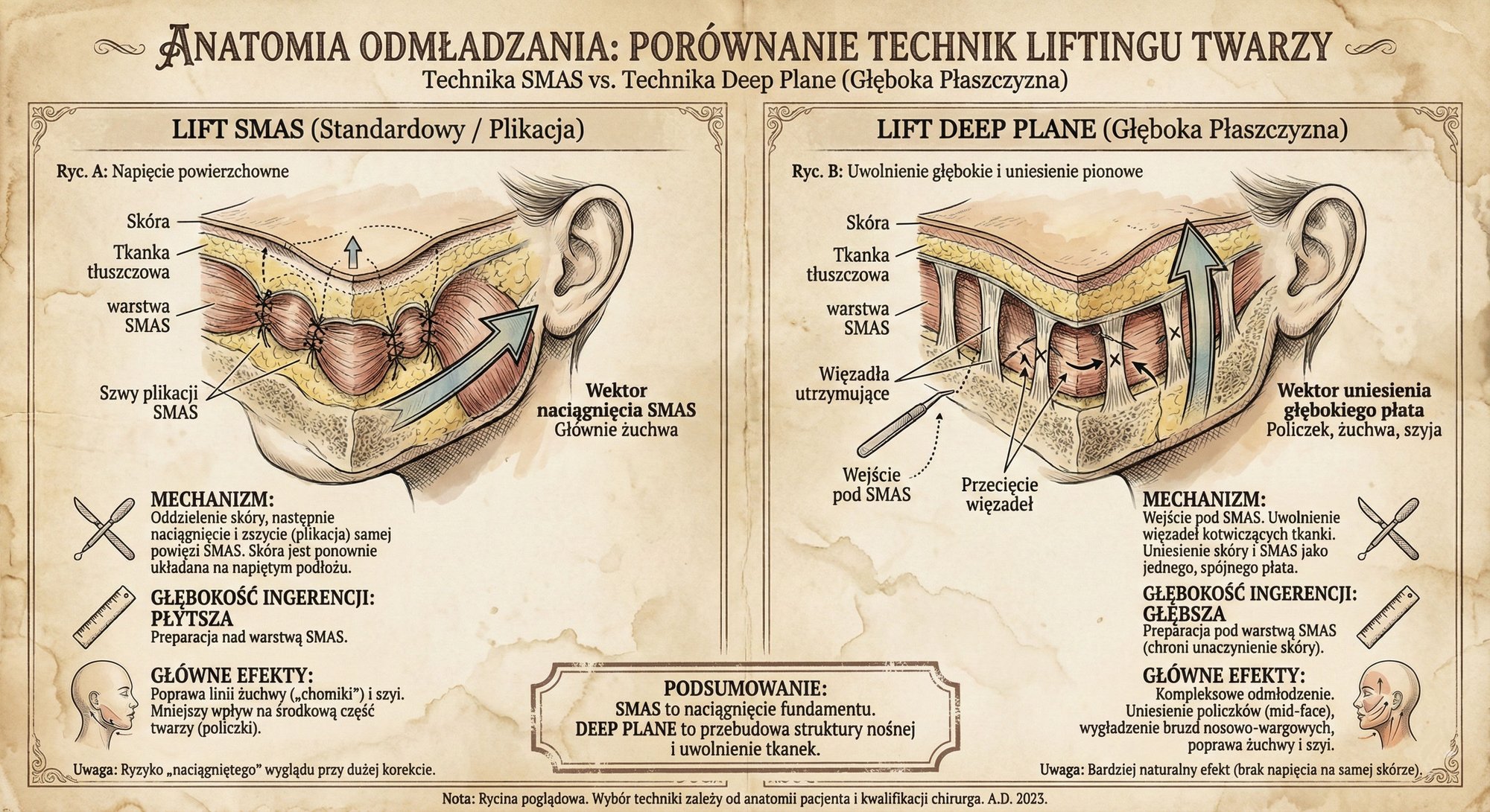 Porównanie anatomiczne technik liftingu twarzy SMAS i Deep Plane z ilustracjami medycznymi