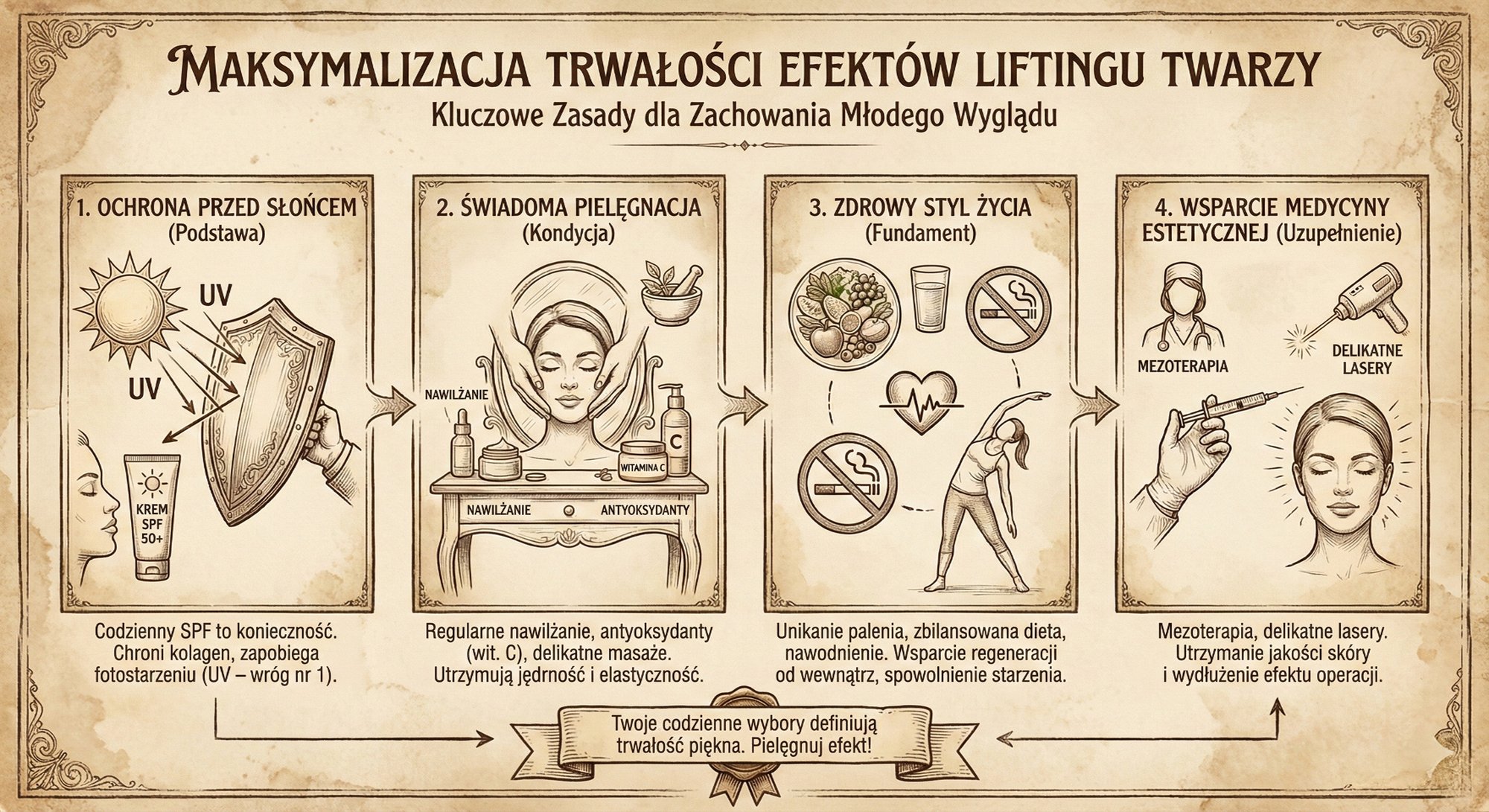 Infografika przedstawiająca cztery kluczowe zasady pielęgnacji skóry po liftingu twarzy