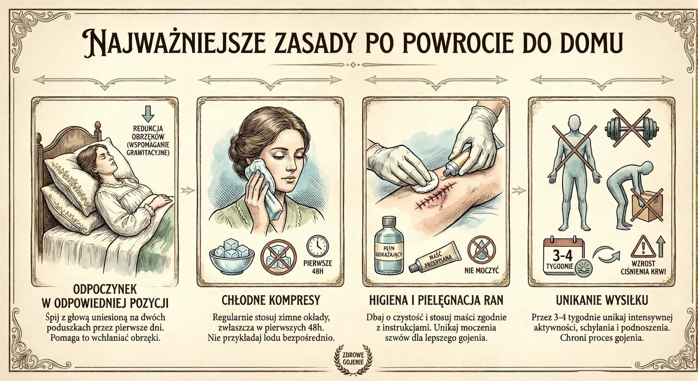 Infografika przedstawiająca cztery zasady opieki pooperacyjnej: odpoczynek, zimne kompresy, higiena ran i unikanie wysiłku