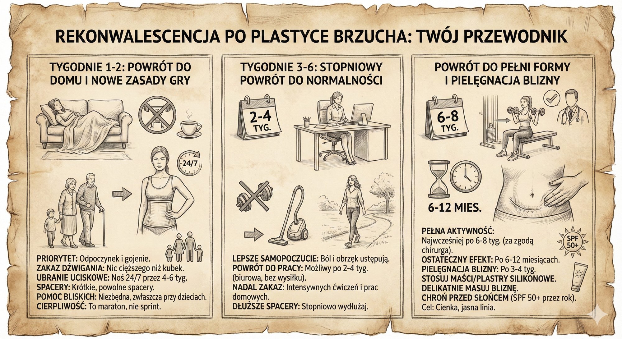 Infografika przedstawiająca trzy etapy rekonwalescencji po plastyce brzucha: od odpoczynku po pełną aktywność.
