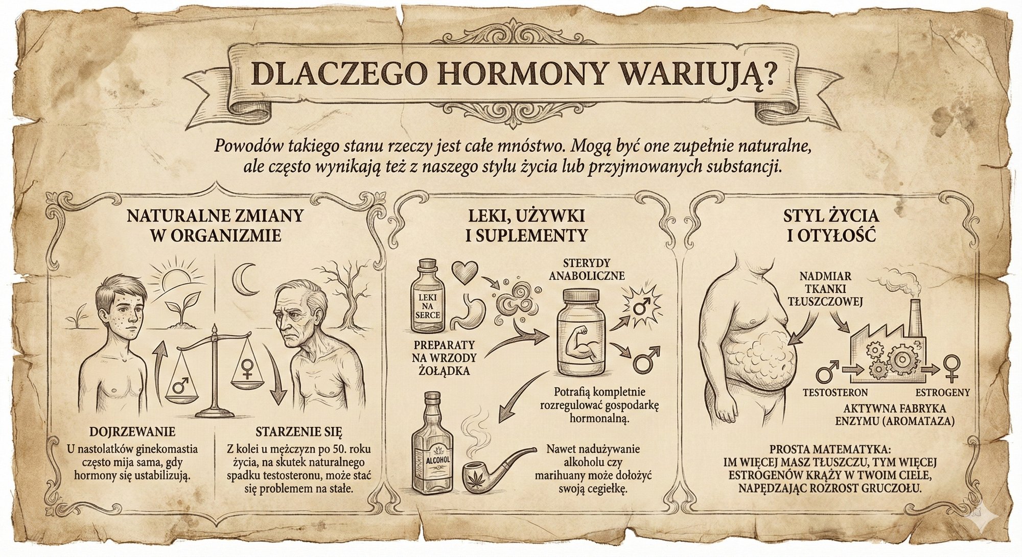 Infografika przedstawiająca przyczyny zaburzeń hormonalnych u mężczyzn, w tym ginekomastii, związane z wiekiem, lekami i stylem życia.