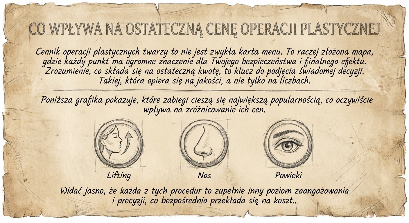 Grafika opisująca czynniki wpływające na ostateczną cenę operacji plastycznych twarzy, z przykładami: lifting, nos, powieki, podkreślająca jakość i precyzję.