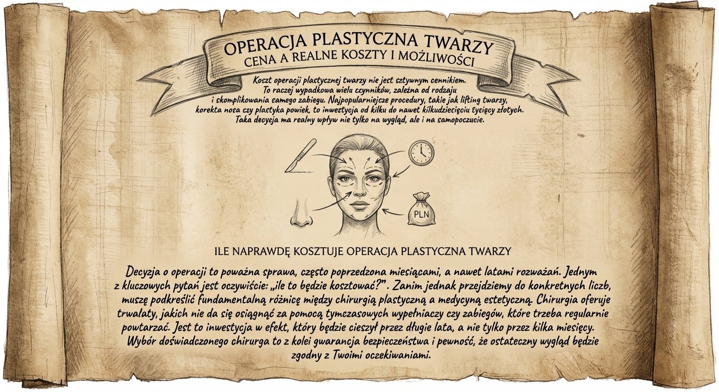 Stary zwój papieru przedstawiający koszty i możliwości operacji plastycznych twarzy, z ilustracją twarzy oraz symbolami chirurgii i pieniędzy.