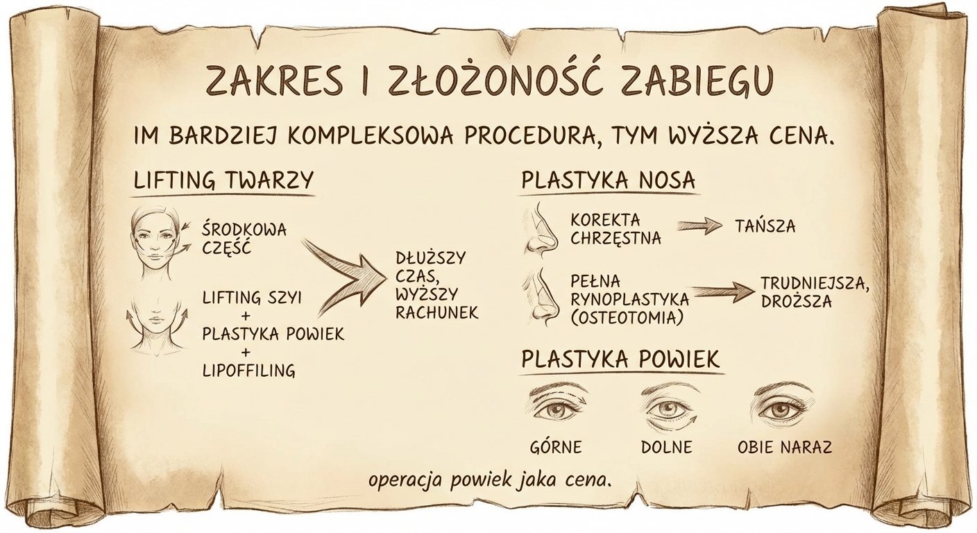 Infografika przedstawiająca zakres i złożoność zabiegów plastycznych: lifting twarzy, nosa, powiek oraz ich wpływ na cenę.