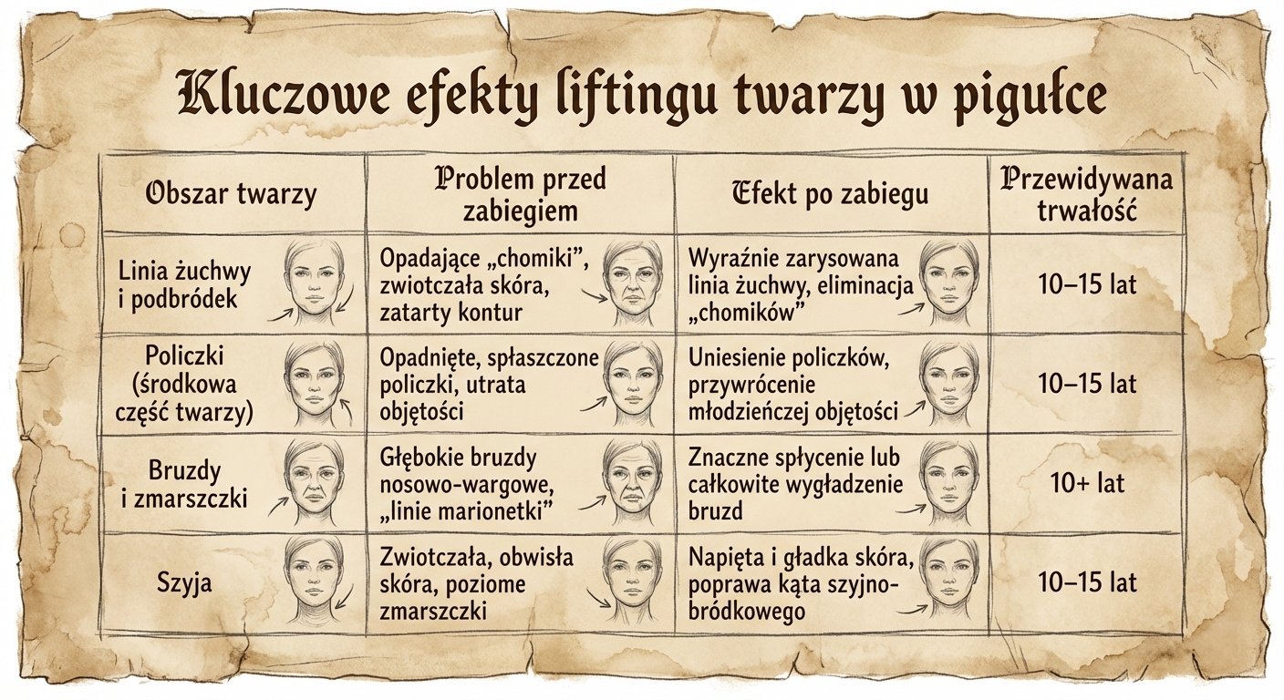 Tabela przedstawiająca kluczowe efekty liftingu twarzy, problemy, efekty po i przewidywaną trwałość zabiegu.