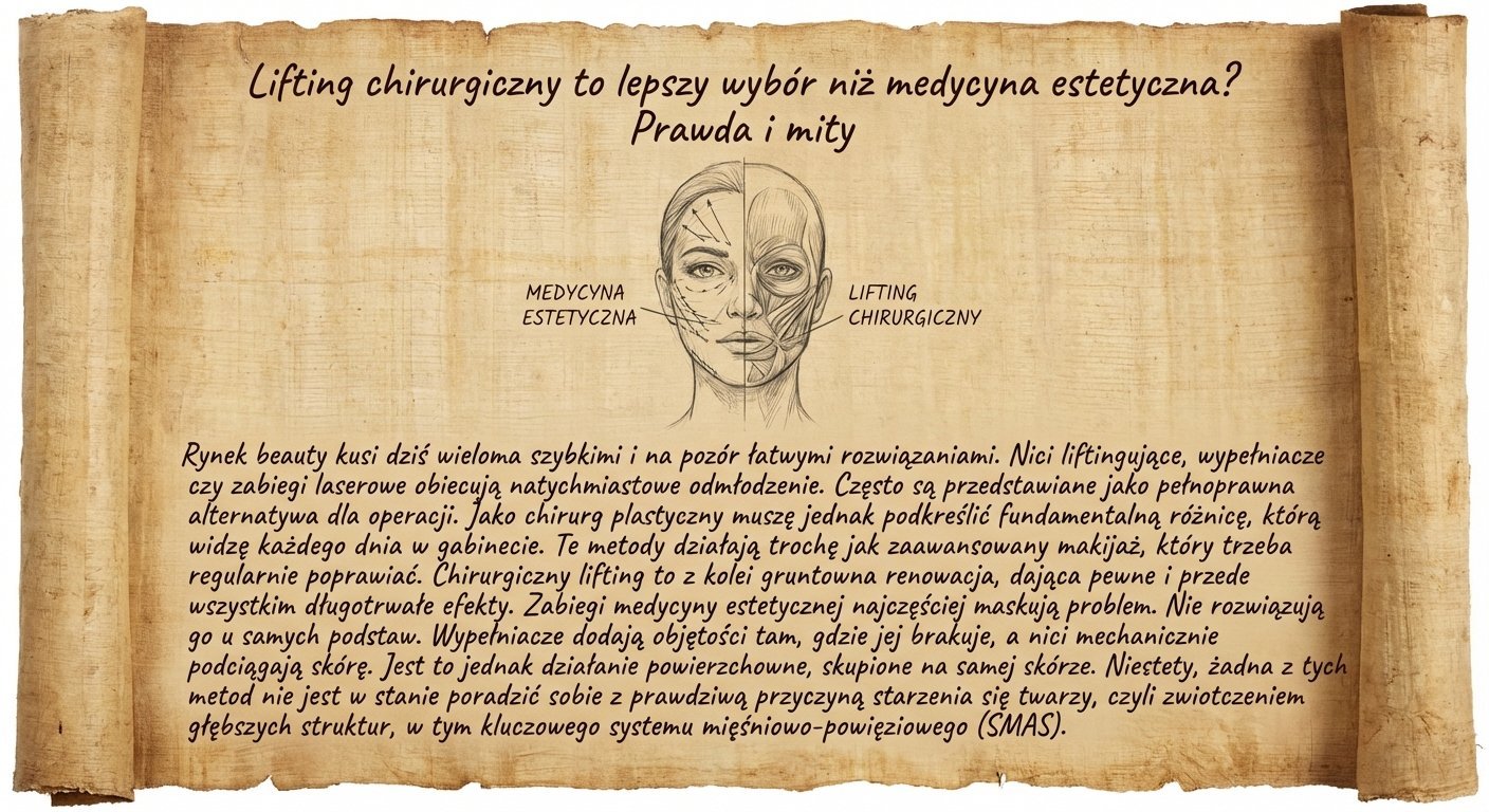 Rysunek twarzy przedstawiający różnice między medycyną estetyczną a liftingiem chirurgicznym, otoczony tekstem na tle papirusu.