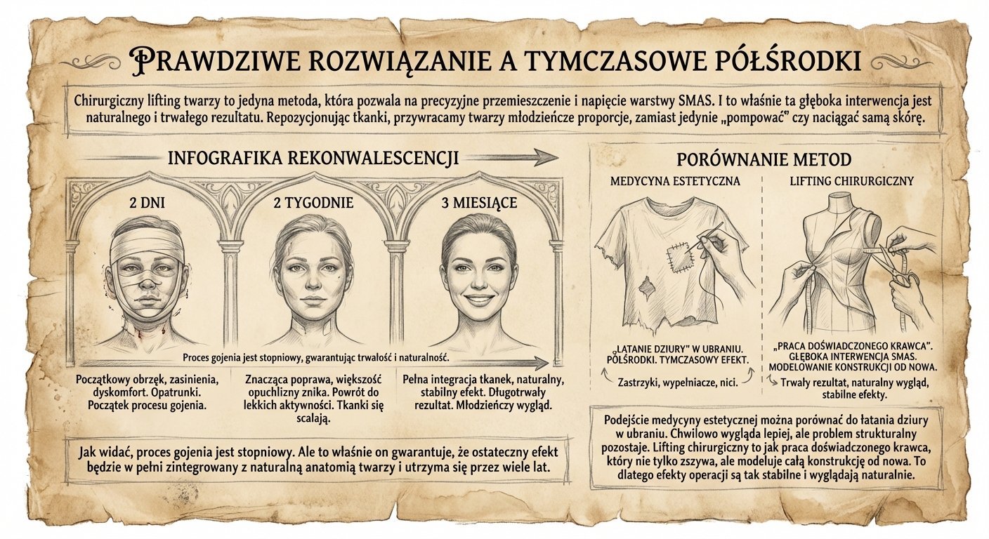 Infografika porównująca lifting twarzy z medycyną estetyczną, przedstawiająca etapy rekonwalescencji i trwałe rezultaty.