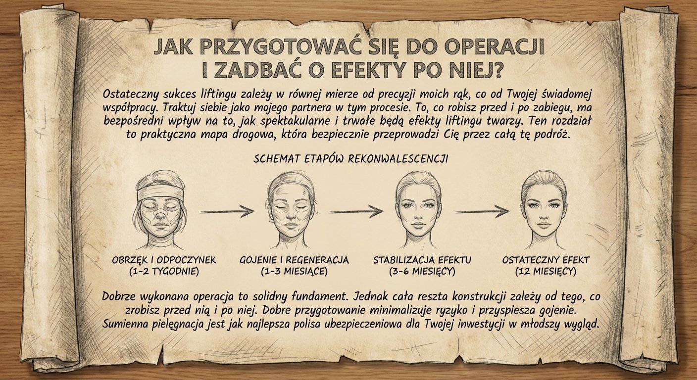 Schemat etapów rekonwalescencji po liftingu twarzy, od obrzęku po ostateczny efekt, z opisem przygotowania.
