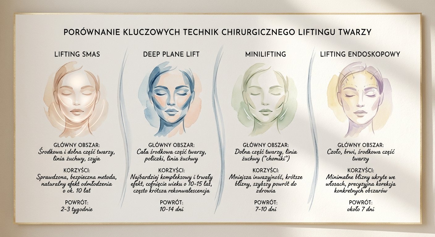 Tabela porównująca cztery techniki chirurgicznego liftingu twarzy: SMAS, Deep Plane, Minilifting, Endoskopowy, z opisem obszarów i korzyści.