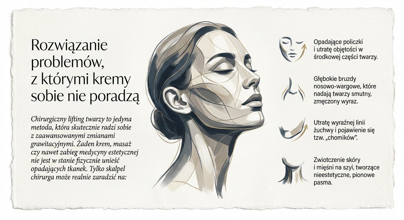 Ilustracja przedstawiająca kobiecą twarz z zaznaczonymi obszarami i opisem problemów rozwiązywanych chirurgicznym liftingiem.