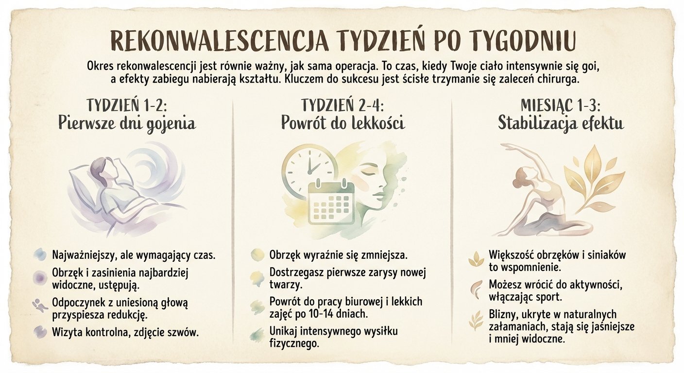 Infografika przedstawiająca etapy rekonwalescencji po operacji: pierwsze dni, powrót do lekkości i stabilizacja efektu.