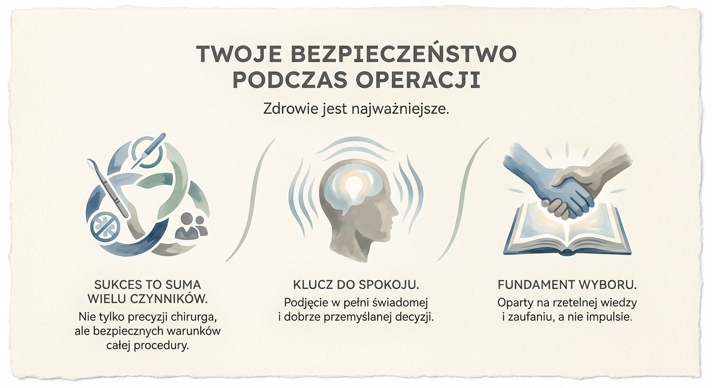 Grafika przedstawia bezpieczeństwo podczas operacji: sumę czynników, świadomą decyzję i fundament wyboru oparty na wiedzy i zaufaniu.