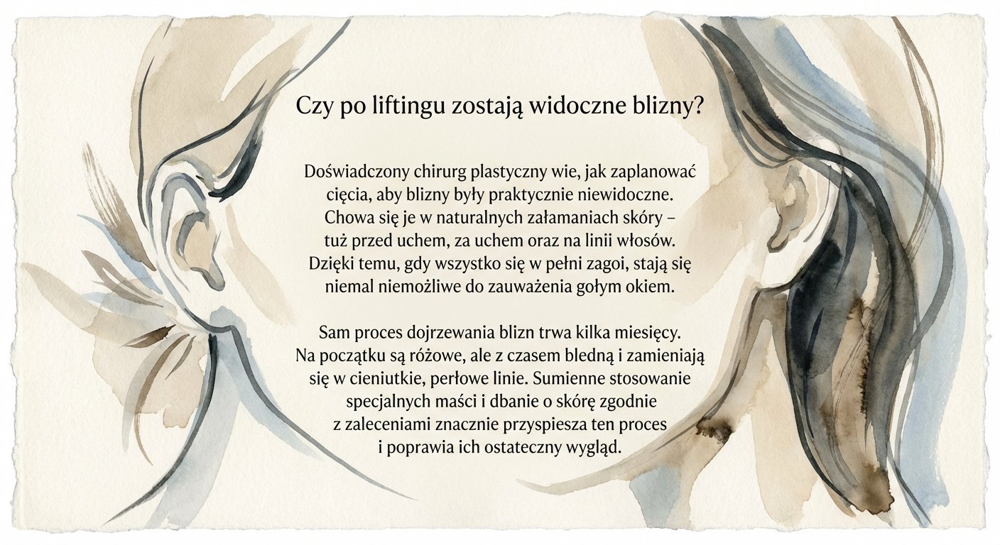 Akwarelowa grafika przedstawiająca zarysy twarzy i uszu, z tekstem o niewidocznych bliznach po liftingu.