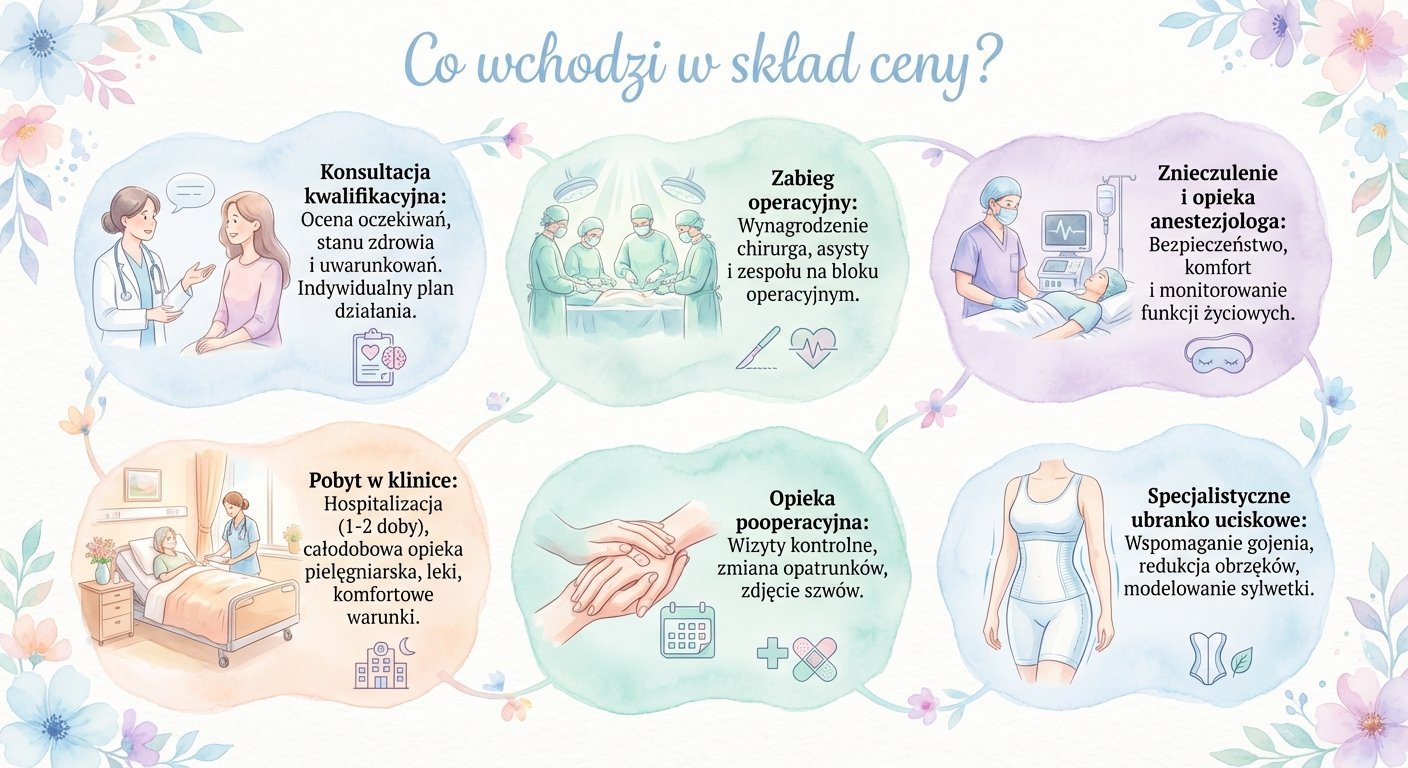 Infografika przedstawiająca, co wchodzi w skład ceny zabiegu medycznego: konsultacja, operacja, znieczulenie, pobyt, opieka pooperacyjna, ubranko uciskowe.