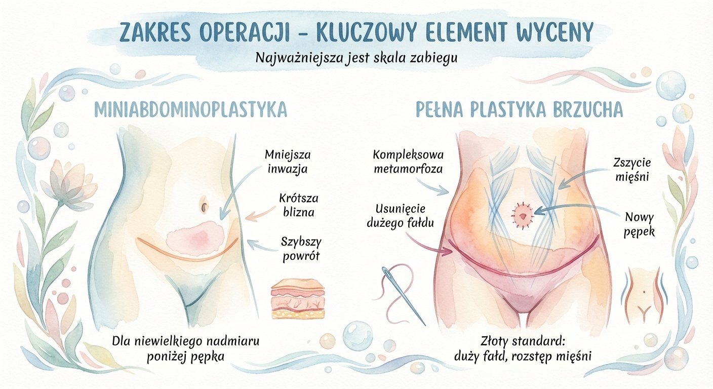 Ilustracja porównująca miniabdominoplastykę i pełną plastykę brzucha, prezentująca różnice w inwazji, bliznach i zakresie usunięcia tkanki.