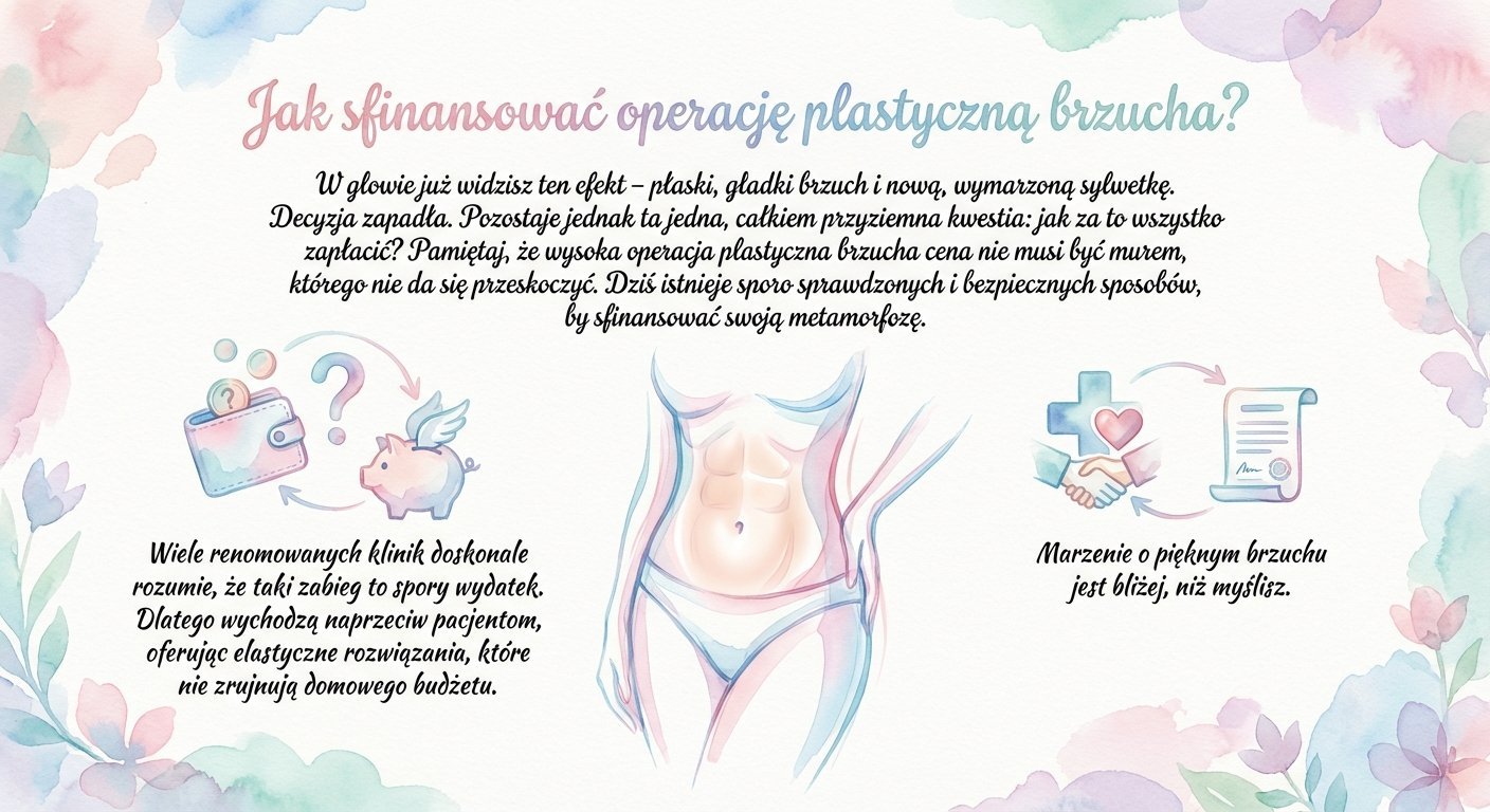 Ilustracja przedstawiająca metody finansowania operacji plastycznej brzucha, z ikonami pieniędzy, sylwetki i umowy medycznej.