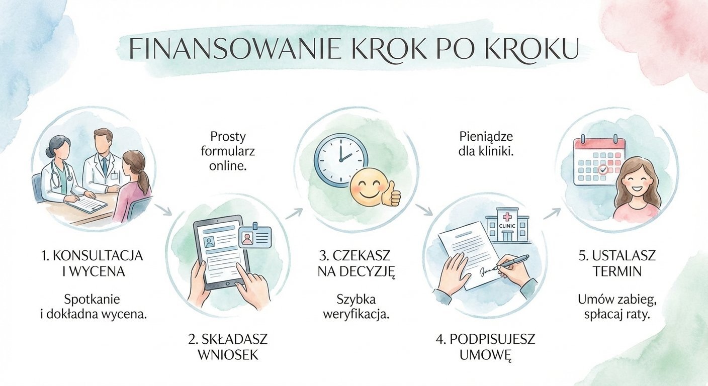 Grafika przedstawiająca pięć kroków finansowania zabiegu medycznego: od konsultacji po ustalenie terminu i spłatę rat.