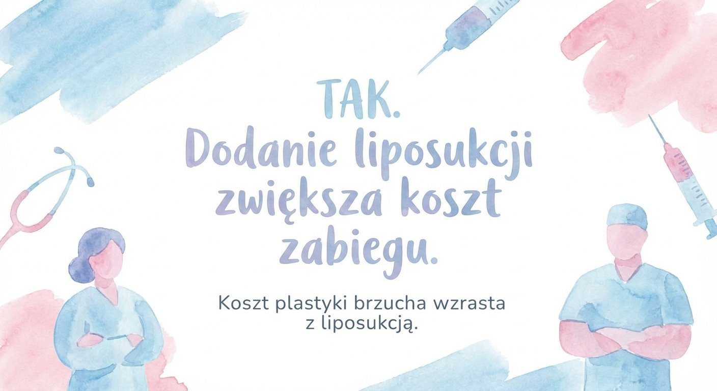 Obrazek akwarelowy przedstawiający personel medyczny, strzykawki i tekst o zwiększonym koszcie liposukcji i plastyki brzucha.